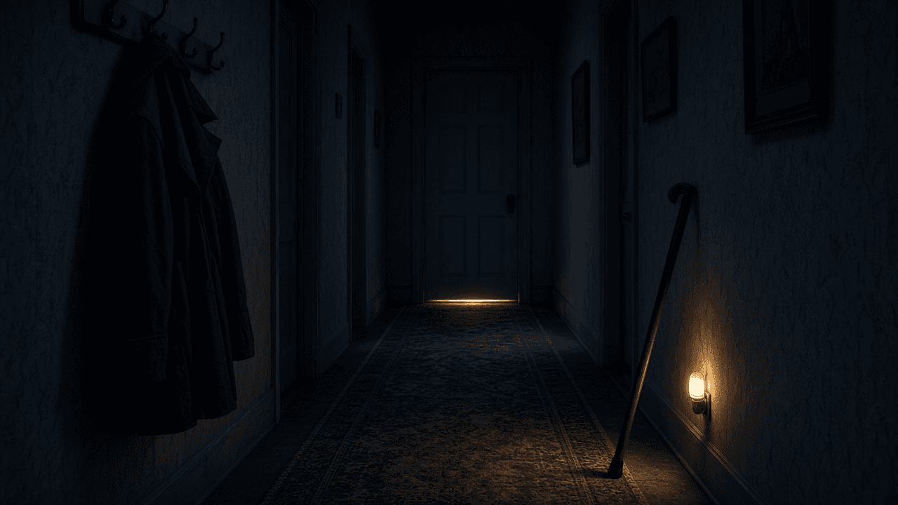 A narrow hallway at night: a strip of warm light under a closed door, a nightlight at skirting height, a walking stick against the wall.